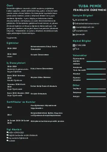 Fen Bilgisi Öğretmeni CV Örnekleri cv indir